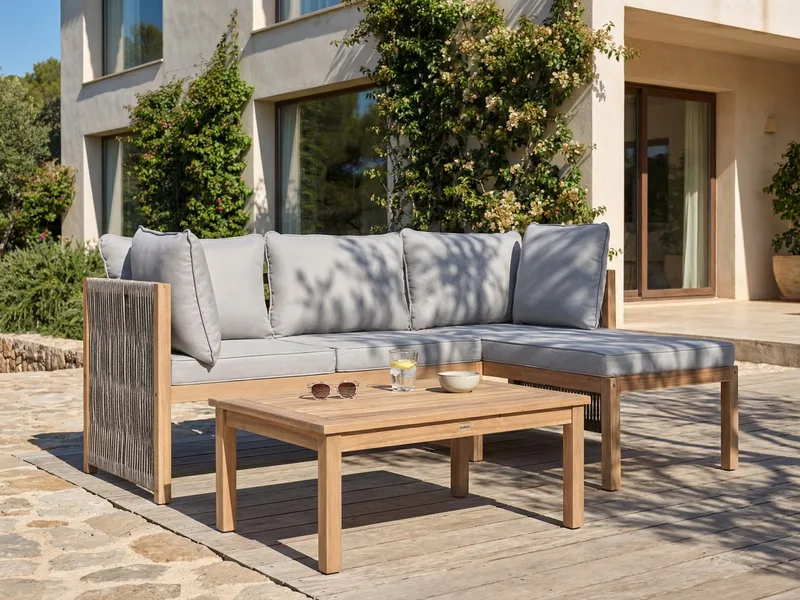 Hjørnesofa utendørs med bord 3-seter Arabba venstrevendt akasietre - Brun/grå - Hage - Utemiljø - Veranda & terrasse - Verandamøbler