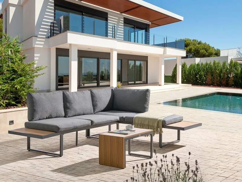 Hjørnesofa utendørs med bord 4-seter Pienza høyrevendt - Grå/Brun/Svart - Hage - Utemiljø - Veranda & terrasse - Verandamøbler