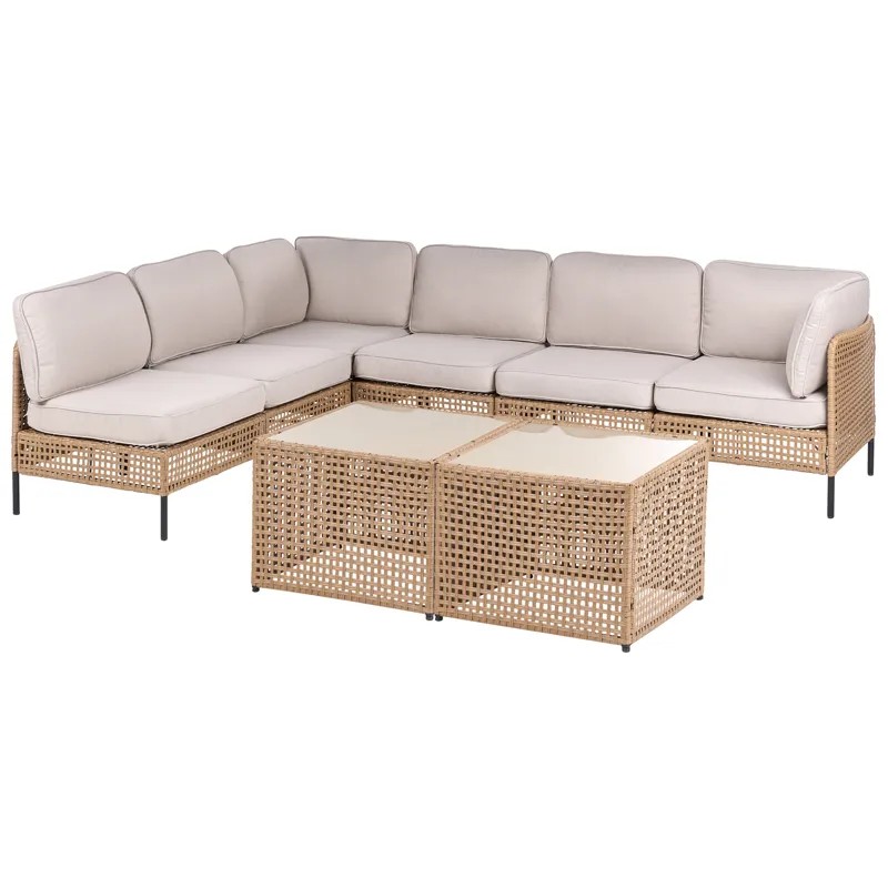 Hjørnesofa utendørs med bord 6-seter Omegana modulær kunstrotting - Beige/svart - Hage - Utemiljø - Veranda & terrasse - Verandamøbler