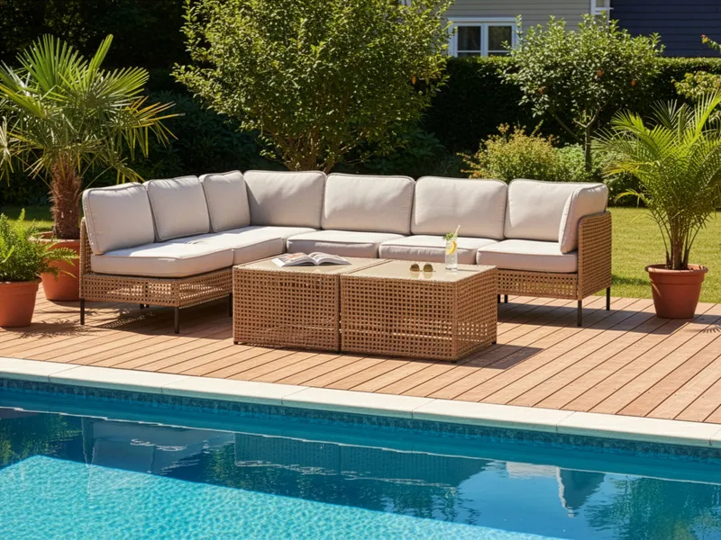 Hjørnesofa utendørs med bord 6-seter Omegana modulær kunstrotting - Beige/svart - Hage - Utemiljø - Veranda & terrasse - Verandamøbler