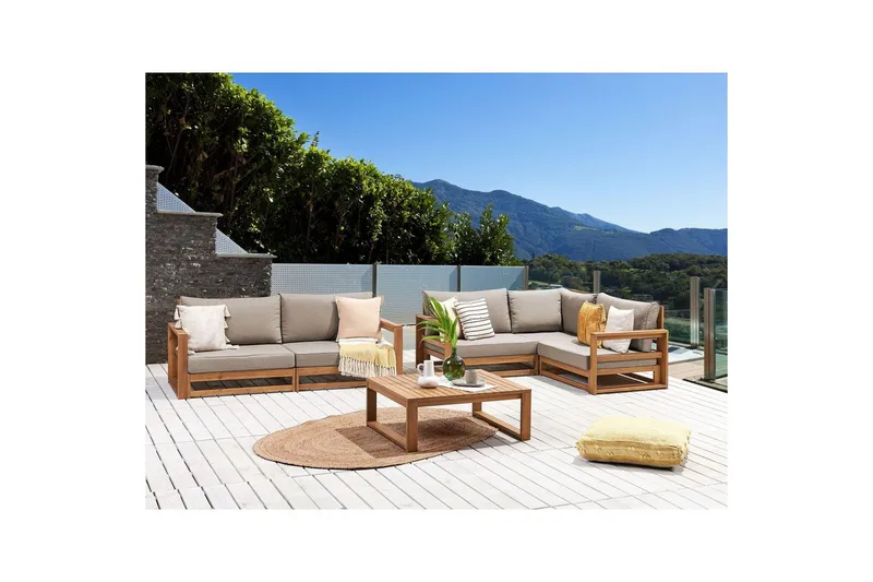 Loungegrupp Beliani Timor 4-sits Ljus trä/grått/beige, Ja Light wood||Grey||Beige - Hagemøbler - Loungemøbler - Sofagruppe utendørs