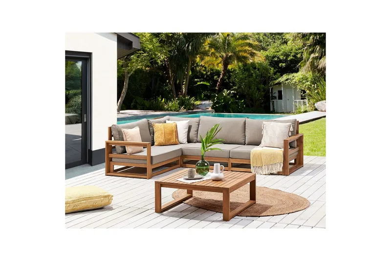 Loungegrupp Beliani Timor Ljus trä/beige, Ja, Högervänd Light wood||Beige Left-faced - Hagemøbler - Loungemøbler - Sofagruppe utendørs