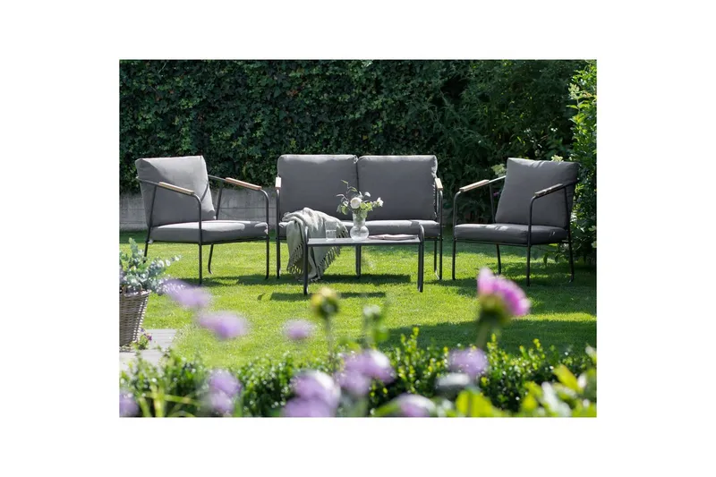 Loungegrupp Beliani Vezzana Beige/ljust trä/svart Grey||Light wood||Black - Hagemøbler - Loungemøbler - Sofagruppe utendørs