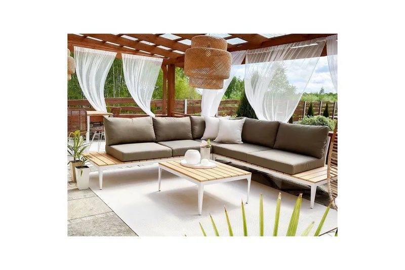 Loungegrupp Beliani Positano Grey||Light wood||White - Hagemøbler - Loungemøbler - Sofagruppe utendørs