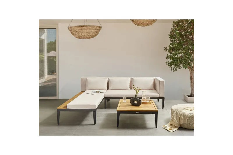 Loungegrupp med bord Beliani Bracciano 3-Sits Beige||Light wood||Black - Hagemøbler - Loungemøbler - Sofagruppe utendørs