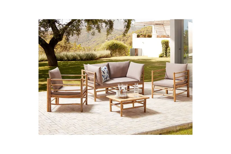 Loungegrupp med bord Beliani Cerreto Beige/ljust trä, 4-Sits Beige||Light wood - Hagemøbler - Loungemøbler - Sofagruppe utendørs