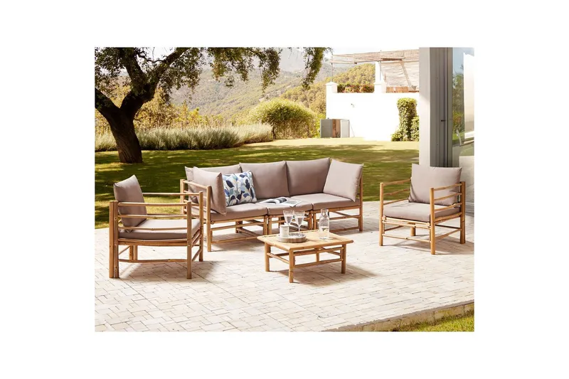 Loungegrupp med bord Beliani Cerreto Beige/ljust trä, 5-Sits Beige||Light wood - Hagemøbler - Loungemøbler - Sofagruppe utendørs