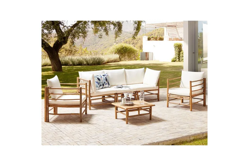 Loungegrupp med bord Beliani Cerreto Beige/ljust trä, 5-Sits White||Light wood - Hagemøbler - Loungemøbler - Sofagruppe utendørs