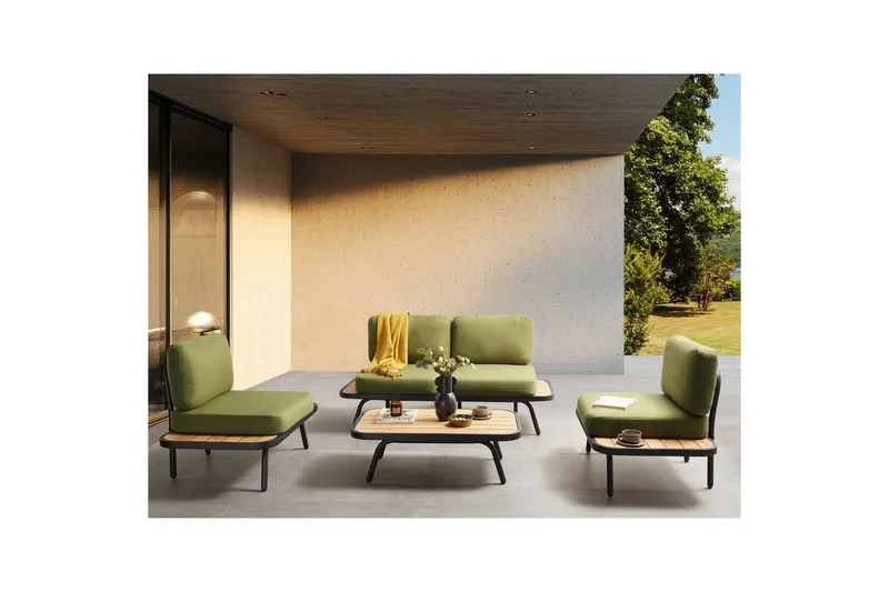 Loungegrupp med bord Beliani Minozzo Green||Black||Light wood - Hagemøbler - Loungemøbler - Sofagruppe utendørs