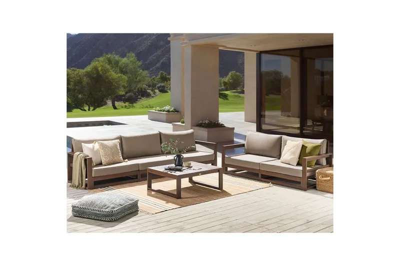 Loungegrupp med bord Beliani Timor Ljus trä/grått/beige, Ja Dark wood||Grey||Beige - Hagemøbler - Loungemøbler - Sofagruppe utendørs