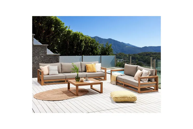 Loungegrupp med bord Beliani Timor Ljus trä/grått/beige, Ja Light wood||Grey||Beige - Hagemøbler - Loungemøbler - Sofagruppe utendørs