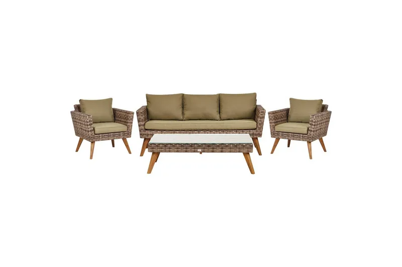 Loungegrupp med bord Beliani Vittoria Beige/grönt/mörkt trä, 5-Sits Beige||Green||Dark wood, undefined