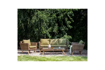 Loungegrupp med bord Beliani Vittoria Beige/grönt/mörkt trä, 5-Sits Beige||Green||Dark wood - Hagemøbler - Loungemøbler - Sofagruppe utendørs