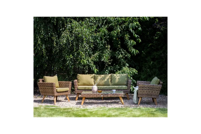 Loungegrupp med bord Beliani Vittoria Beige/grönt/mörkt trä, 5-Sits Beige||Green||Dark wood - Hagemøbler - Loungemøbler - Sofagruppe utendørs