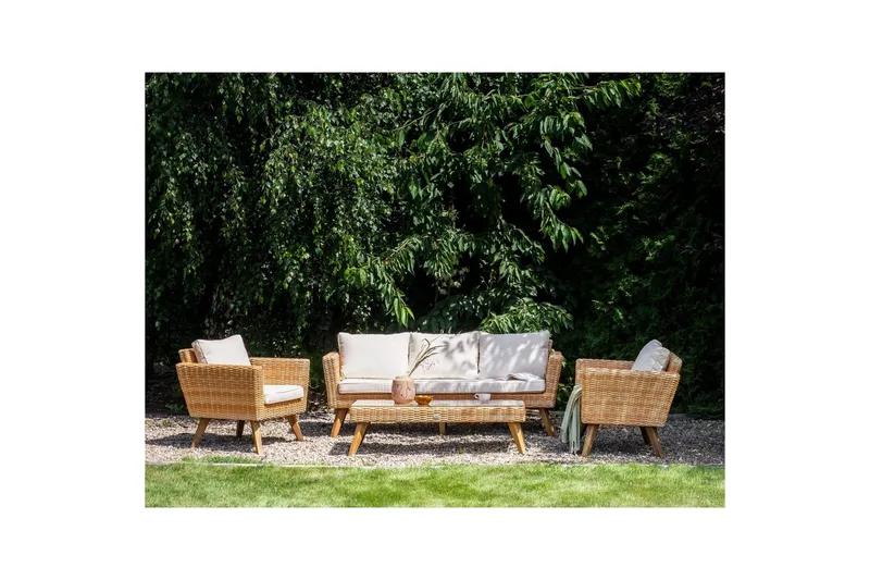 Loungegrupp med bord Beliani Vittoria Beige/grönt/mörkt trä, 5-Sits Beige||White||Light wood - Hagemøbler - Loungemøbler - Sofagruppe utendørs