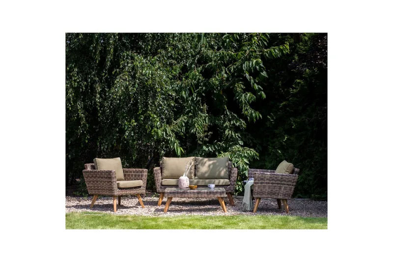 Loungegrupp med bord Beliani Vittoria Naturligt/grönt/ljust trä, 4-Sits Natural||Green||Light wood - Hagemøbler - Loungemøbler - Sofagruppe utendørs