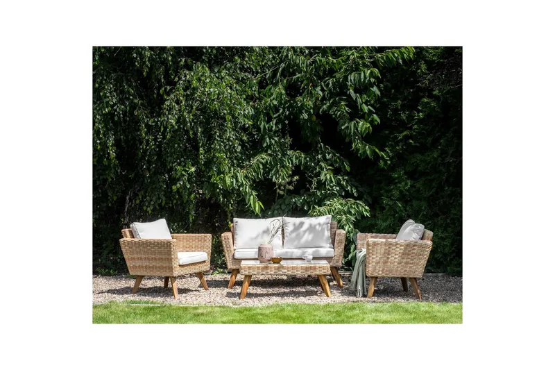 Loungegrupp med bord Beliani Vittoria Naturligt/grönt/ljust trä, 4-Sits Natural||White||Light wood - Hagemøbler - Loungemøbler - Sofagruppe utendørs
