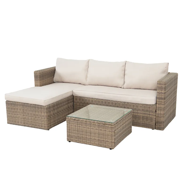 Mendoza l-formet 4-seters sofagruppe i kunstrotting for altan og terrasse - Brun / beige puter - Hage - Utemiljø - Veranda & terrasse - Verandamøbler