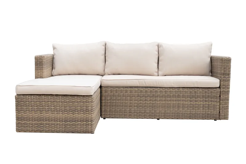 Mendoza l-formet 4-seters sofagruppe i kunstrotting for altan og terrasse - Brun / beige puter - Hage - Utemiljø - Veranda & terrasse - Verandamøbler