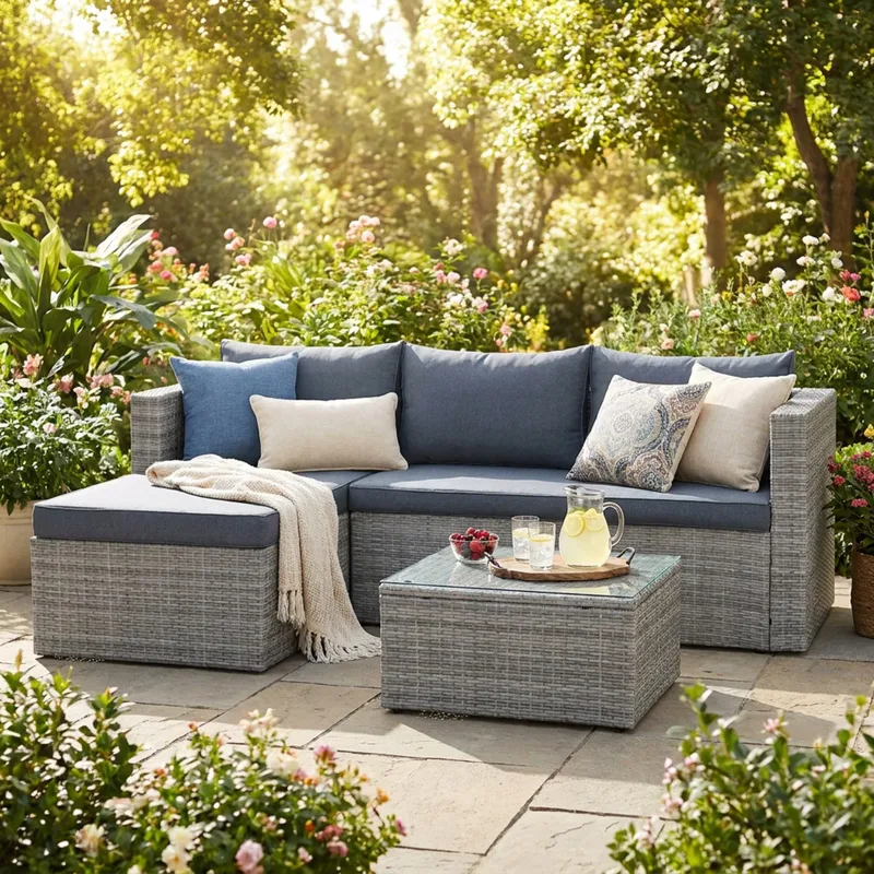 Mendoza l-formet 4-seters sofagruppe i kunstrotting for altan og terrasse - Grå / blå puter - Hage - Utemiljø - Veranda & terrasse - Verandamøbler