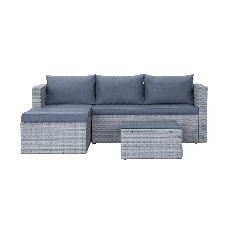 Mendoza l-formet 4-seters sofagruppe i kunstrotting for altan og terrasse, Grå / blå puter