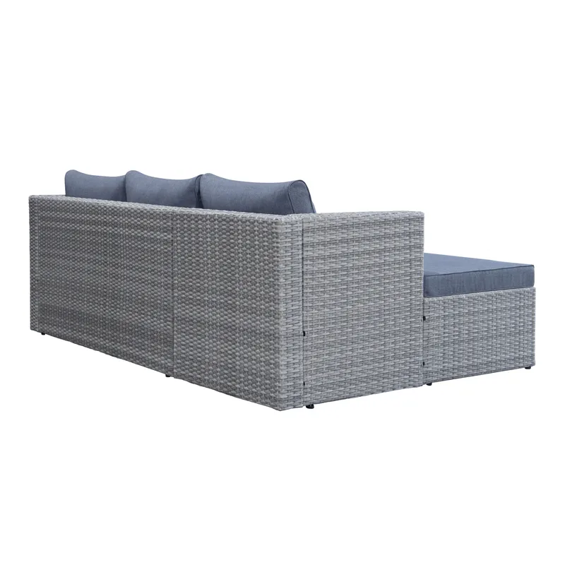 Mendoza l-formet 4-seters sofagruppe i kunstrotting for altan og terrasse - Grå / blå puter - Hage - Utemiljø - Veranda & terrasse - Verandamøbler
