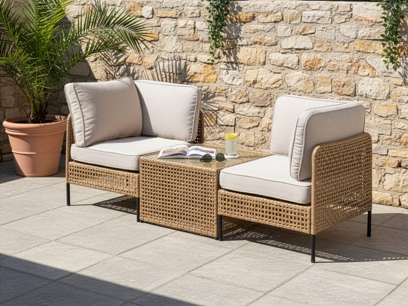 Sofa utendørs med bord 2-seter Omegana kunstrotting - Beige/svart - Hage - Utemiljø - Veranda & terrasse - Verandamøbler
