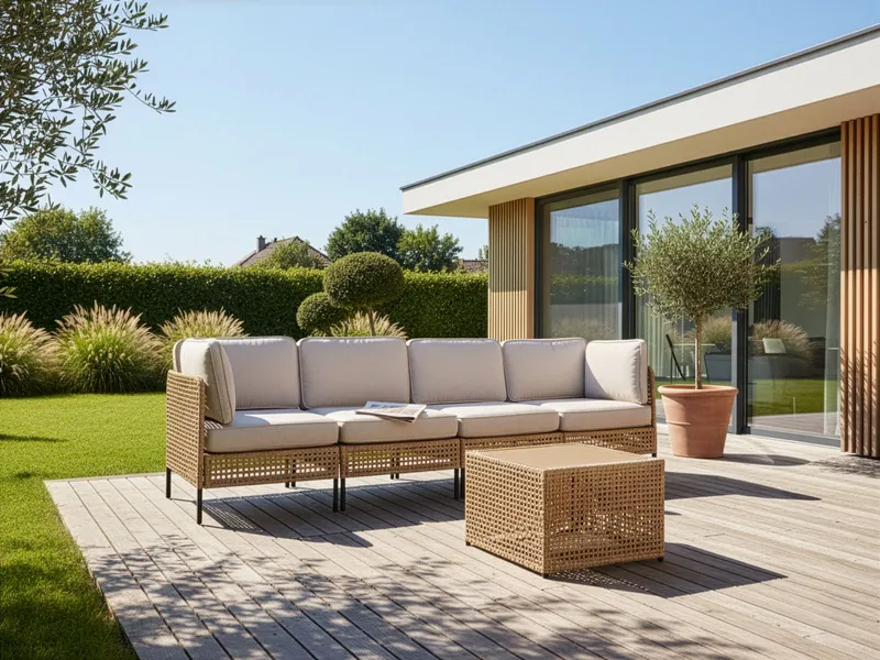 Sofa utendørs med bord 4-seter Omegana modulær kunstrotting - Beige/svart - Hage - Utemiljø - Veranda & terrasse - Verandamøbler