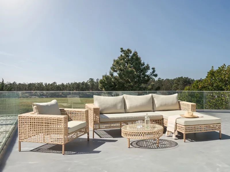 Sofagruppe utendørs med bord 4-seter Calasetta venstrevendt kunstrotting - Beige - Hage - Utemiljø - Veranda & terrasse - Verandamøbler