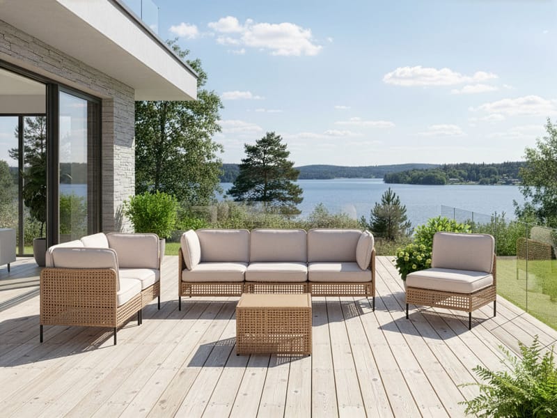 Sofagruppe utendørs med bord 6-seter Omegana modulær kunstrotting - Beige/svart - Hage - Utemiljø - Veranda & terrasse - Verandamøbler