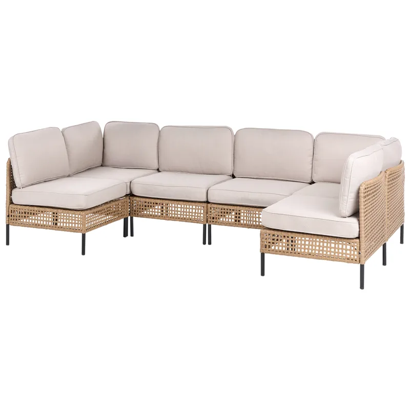 U-formet sofa utendørs 6-seter Omegana modulær kunstrotting - Beige/svart - Hage - Utemiljø - Veranda & terrasse - Verandamøbler