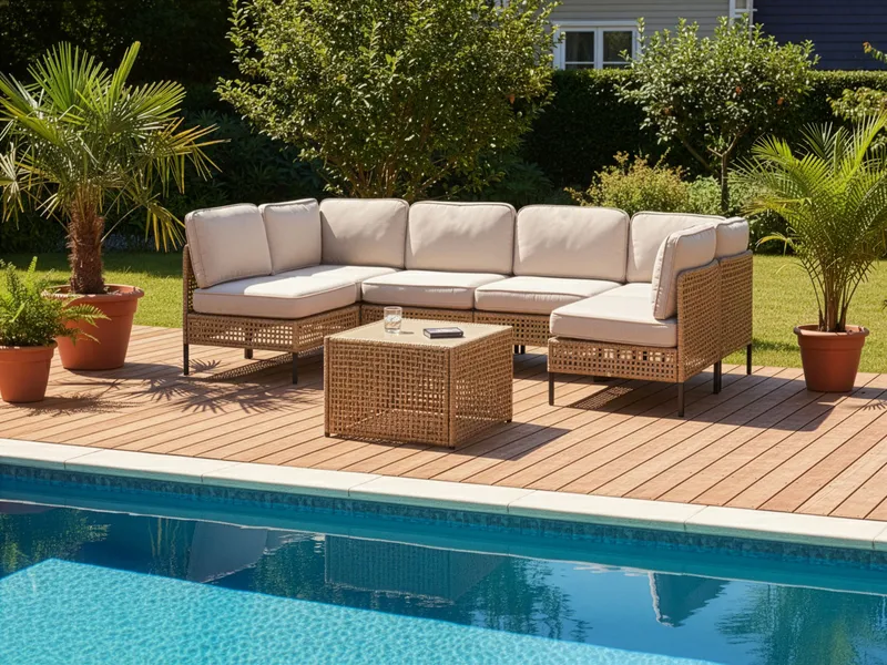 U-formet sofa utendørs 6-seter Omegana modulær kunstrotting - Beige/svart - Hage - Utemiljø - Veranda & terrasse - Verandamøbler