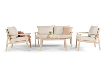 Wagnera liten sofagruppe for utendørsbruk – 2-seters sofa med 2 lenestoler og salongbord i akasietre - Beige - Hagemøbler - Loungemøbler - Sofagruppe utendørs