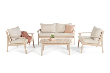 Wagnera liten sofagruppe for utendørsbruk – 2-seters sofa med 2 lenestoler og salongbord i akasietre - Beige - Hagemøbler - Loungemøbler - Sofagruppe utendørs
