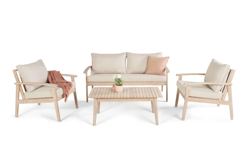 Wagnera liten sofagruppe for utendørsbruk – 2-seters sofa med 2 lenestoler og salongbord i akasietre - Beige - Hage - Utemiljø - Veranda & terrasse - Verandamøbler