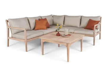 Wagnera loungegruppe for utendørsbruk – L-formet sofa med kvadratisk salongbord i akasietre - Natur / Beige - Hagemøbler - Loungemøbler - Sofagruppe utendørs