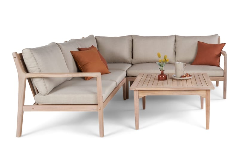 Wagnera loungegruppe for utendørsbruk – L-formet sofa med kvadratisk salongbord i akasietre - Natur / Beige - Hage - Utemiljø - Veranda & terrasse - Verandamøbler