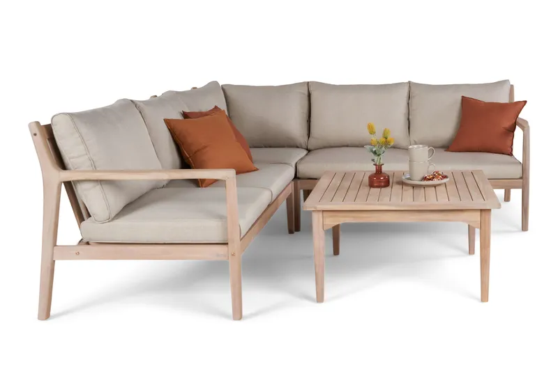 Wagnera loungegruppe for utendørsbruk – L-formet sofa med kvadratisk salongbord i akasietre - Natur / Beige - Hage - Utemiljø - Veranda & terrasse - Verandamøbler
