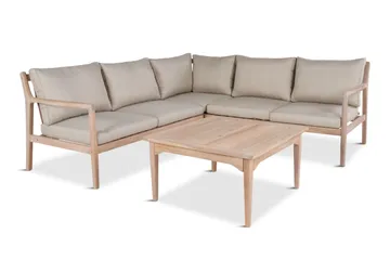Wagnera loungegruppe for utendørsbruk – L-formet sofa med kvadratisk salongbord i akasietre - Natur / Beige - Hagemøbler - Loungemøbler - Sofagruppe utendørs