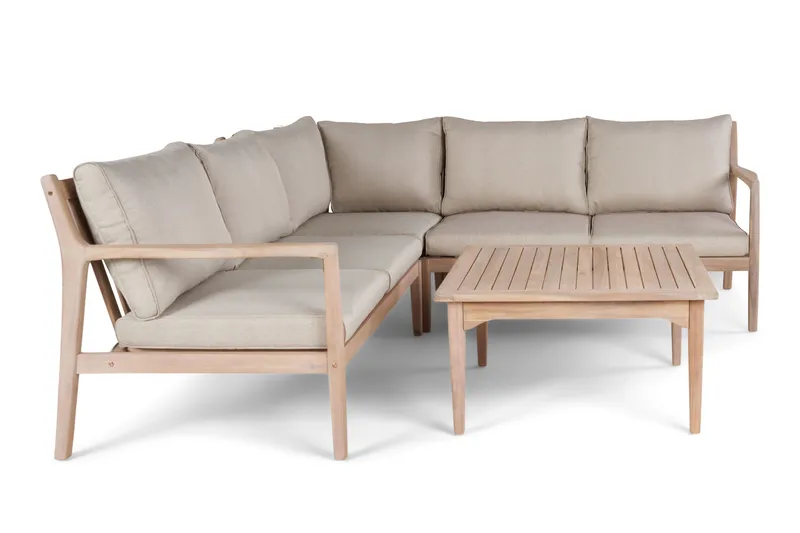 Wagnera loungegruppe for utendørsbruk – L-formet sofa med kvadratisk salongbord i akasietre - Natur / Beige - Hage - Utemiljø - Veranda & terrasse - Verandamøbler