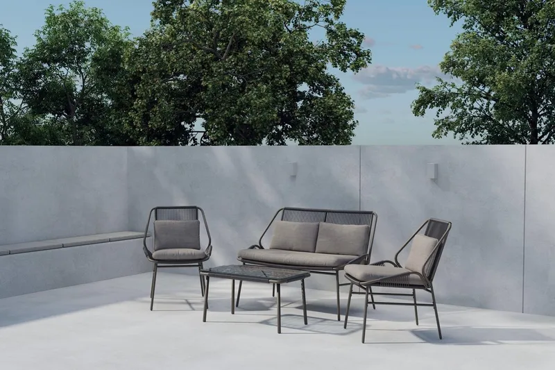 Zakynthos sofagruppe 2-seters sofa + 2 lenestoler med bord utendørs, Brun