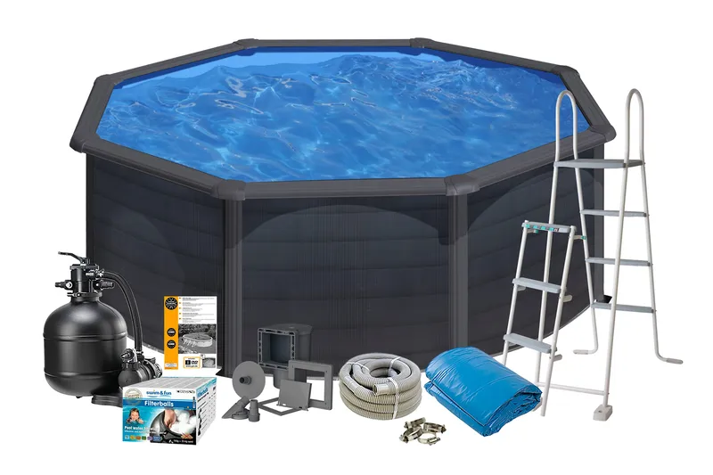 Basseng Stål Swim & Fun Grunnleggende rund Ø350 x 132 cm, Svart grafitt, Ø350 x 132 cm, Svart grafitt