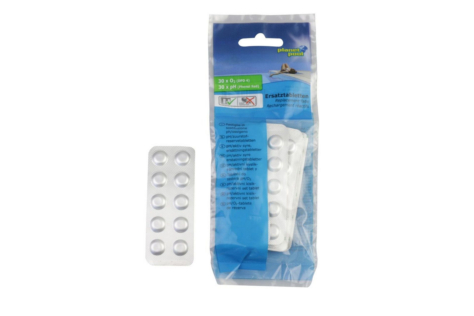 Erstatningstabletter Planet Pool Mini Pool Tester pH 30 stk Aktivt Oksygen 30 stk -