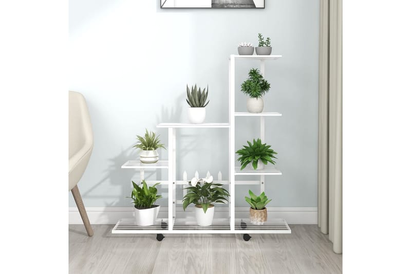 Blomsterstativ med hjul 94,5x25x92,5 cm hvit metall - Hvit - Hagemøbler - Øvrig utendørs - Tilbehør utendørs - Hyller utendørs
