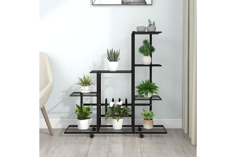 Blomsterstativ med hjul 94,5x25x92,5 cm svart metall - Svart - Hagemøbler - Øvrig utendørs - Tilbehør utendørs - Hyller utendørs