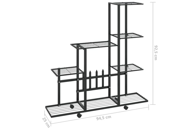Blomsterstativ med hjul 94,5x25x92,5 cm svart metall - Svart - Hagemøbler - Øvrig utendørs - Tilbehør utendørs - Hyller utendørs