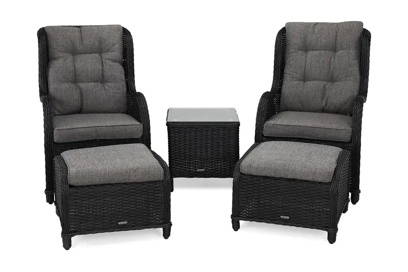 Marcus Cafésett med 2 Ørelappstoler med Fotskammel inkl. Pute - Svart - Hagemøbler - Balkong - Balkongmøbler - Balkonggrupper