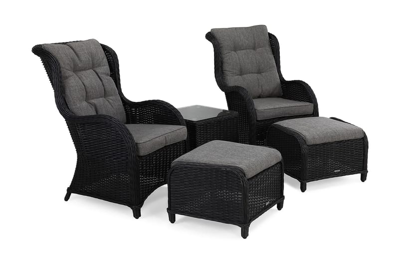 Marcus Cafésett med 2 Ørelappstoler med Fotskammel inkl. Pute, Svart