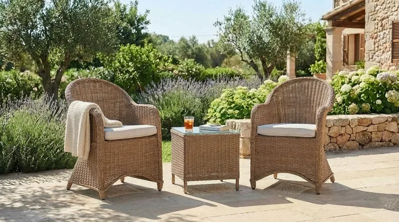 Marcus Cafésett med 2 Light Lenestoler m Pute - Natur - Hagemøbler - Balkong - Balkongmøbler - Balkonggrupper