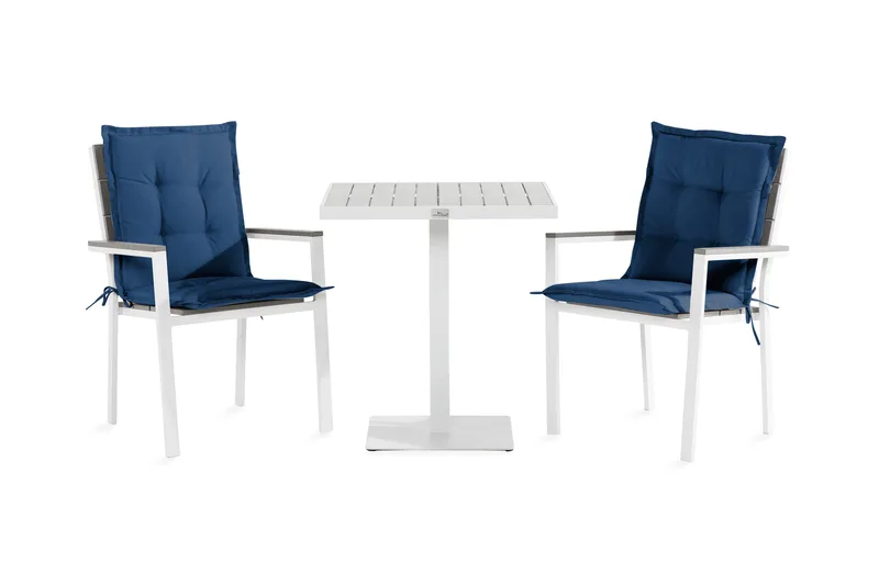 Tunis Cafésett 70x70 + 2 Stablestoler m Pute, Hvit/Grå/Blå